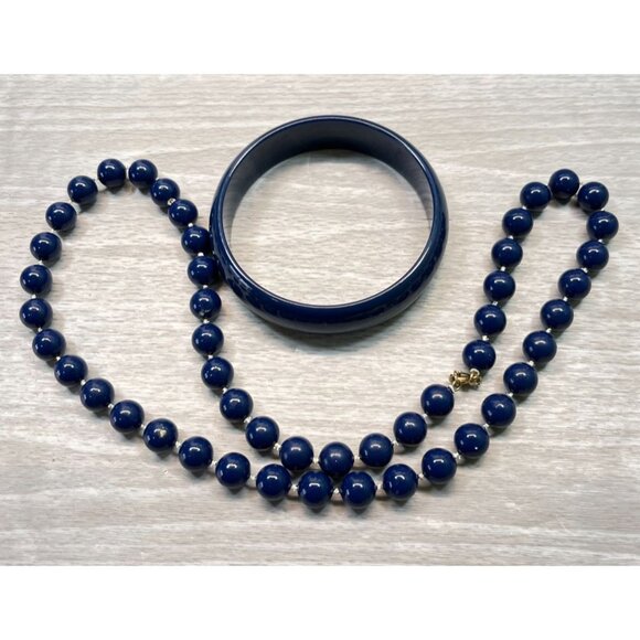 Vintage Navy Blue Beaded Necklace & Bangle Bracelet Set - Picture 8 of 8